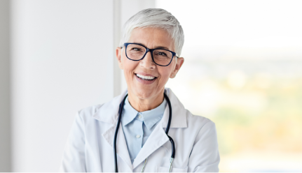 Locum tenens physician assistant wearing stethoscope and smiling